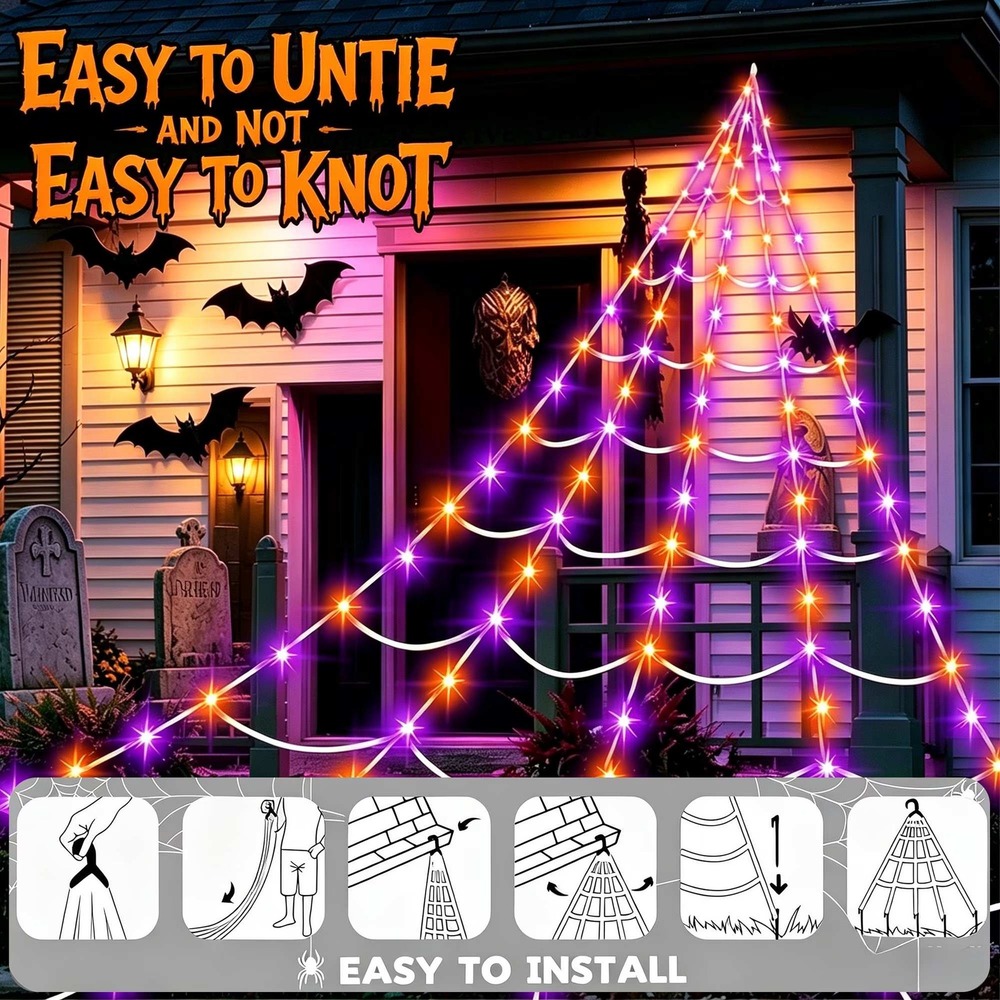 New in Package  LED Spider Web Outdoor Halloween Decor Purple Orange 16.4ft